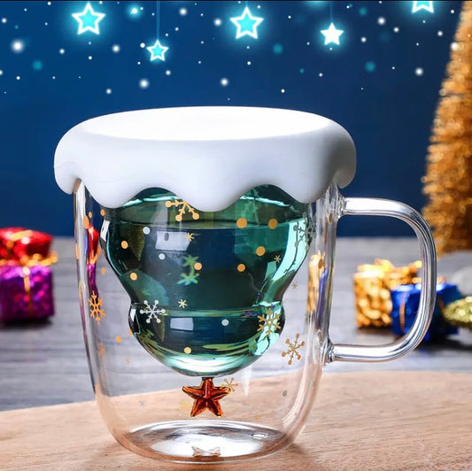 New Design Double Wall 3D Snow Globe Coffee Mug Merry Christmas Mug Santa Tree Glass Cup